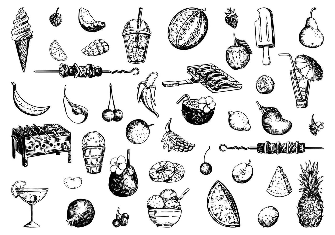Summer food sketches collection. Drawings set of barbecue, fruits, berries, ice cream, coctails. Hand drawn vector illustrations. Cliparts isolated on white.