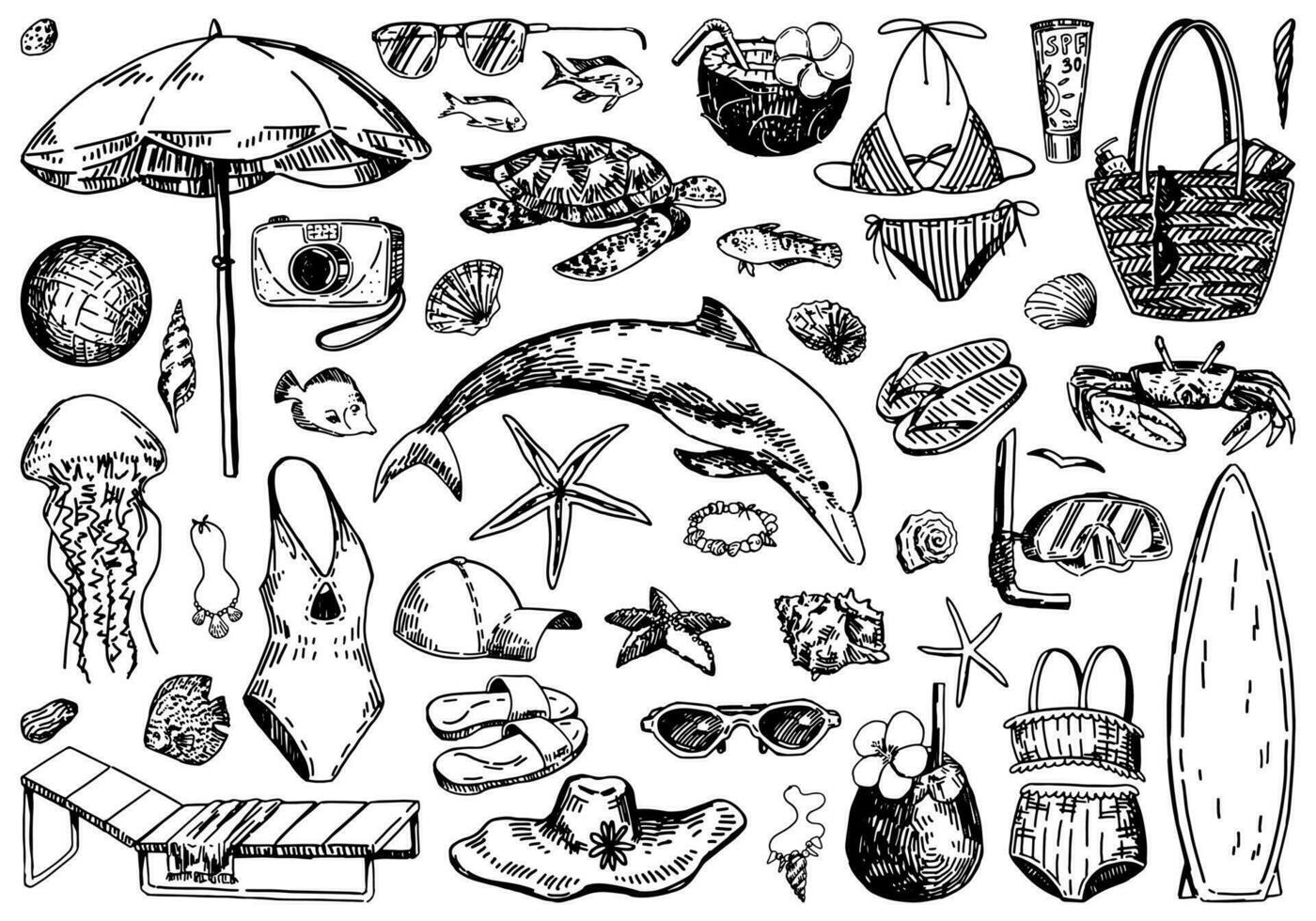 Beach vacation sketches collection. Drawings set of leisure accesories, cocktails, sea animals, swimsuits. Hand drawn vector illustrations. Cliparts isolated on white.