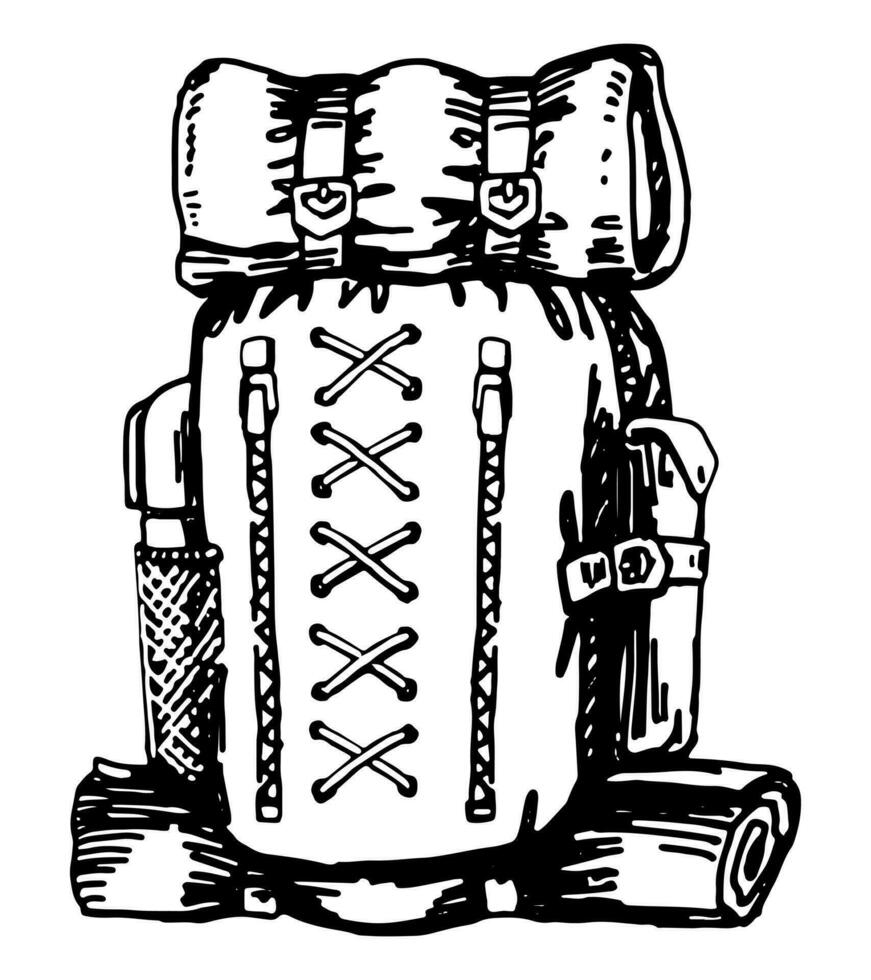 Hiking backpack clipart. Summer leisure activities equipment doodle isolated on white. Hand drawn vector illustration in engraving style.