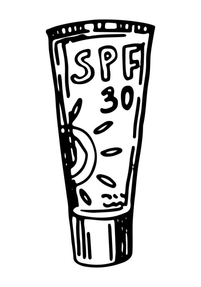 Tube sun cream sketch clipart. Beach summer leisure vacation accessory doodle isolated on white. Hand drawn vector illustration in engraving style.
