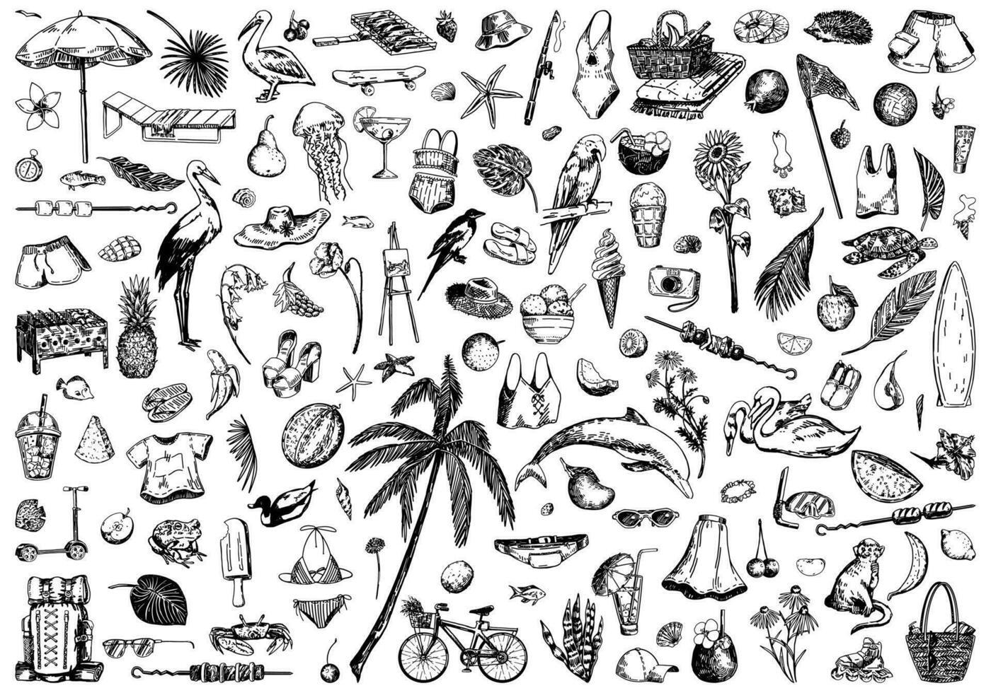 Summer time sketches collection. Drawings set of animals, plants, leisure accessories, clothing, foods. Hand drawn vector illustrations. Cliparts isolated on white.