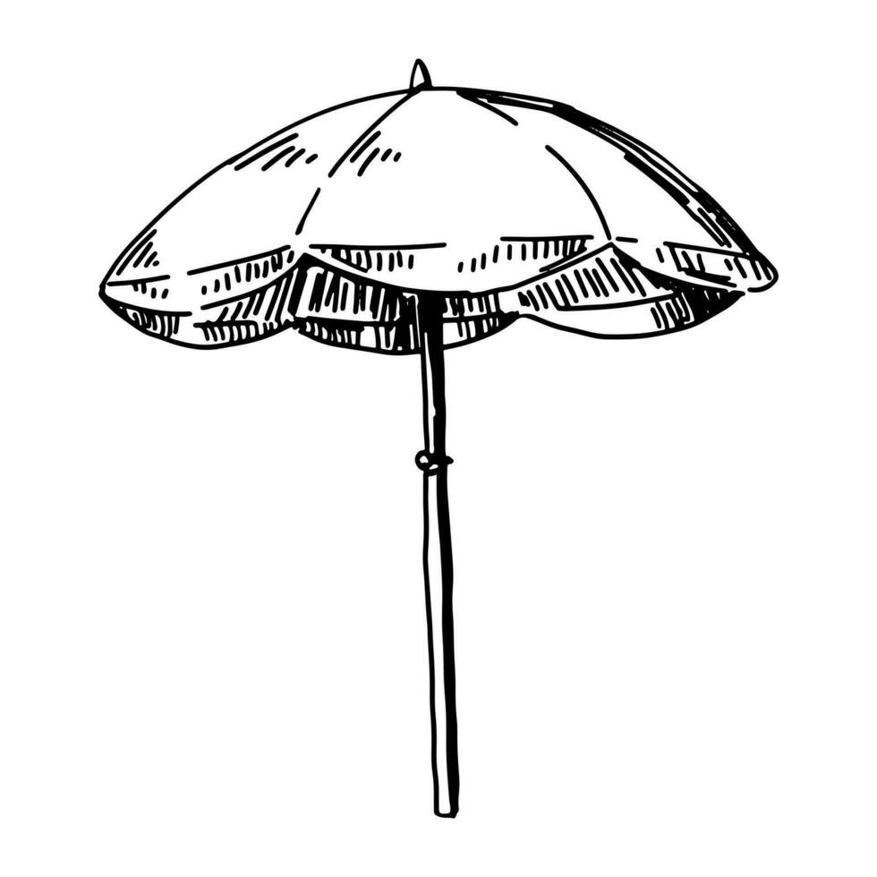 Beach umbrella sketch clipart. Summer leisure vacation attribute doodle isolated on white. Hand drawn vector illustration in engraving style.