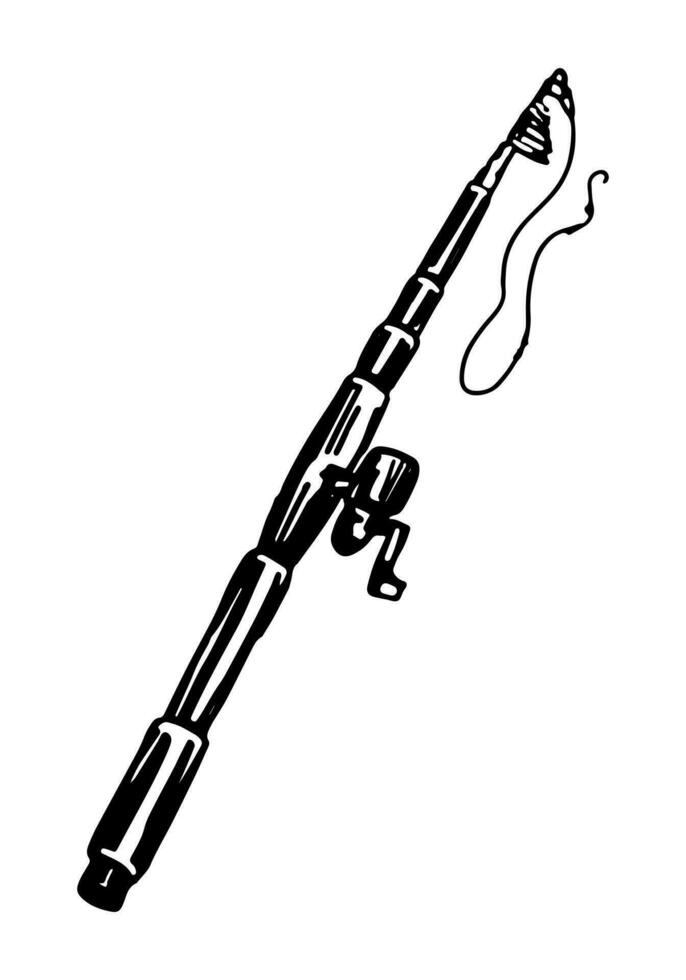 Fishing rod sketch clipart. Summer leisure activities sport hobby doodle isolated on white. Hand drawn vector illustration in engraving style.