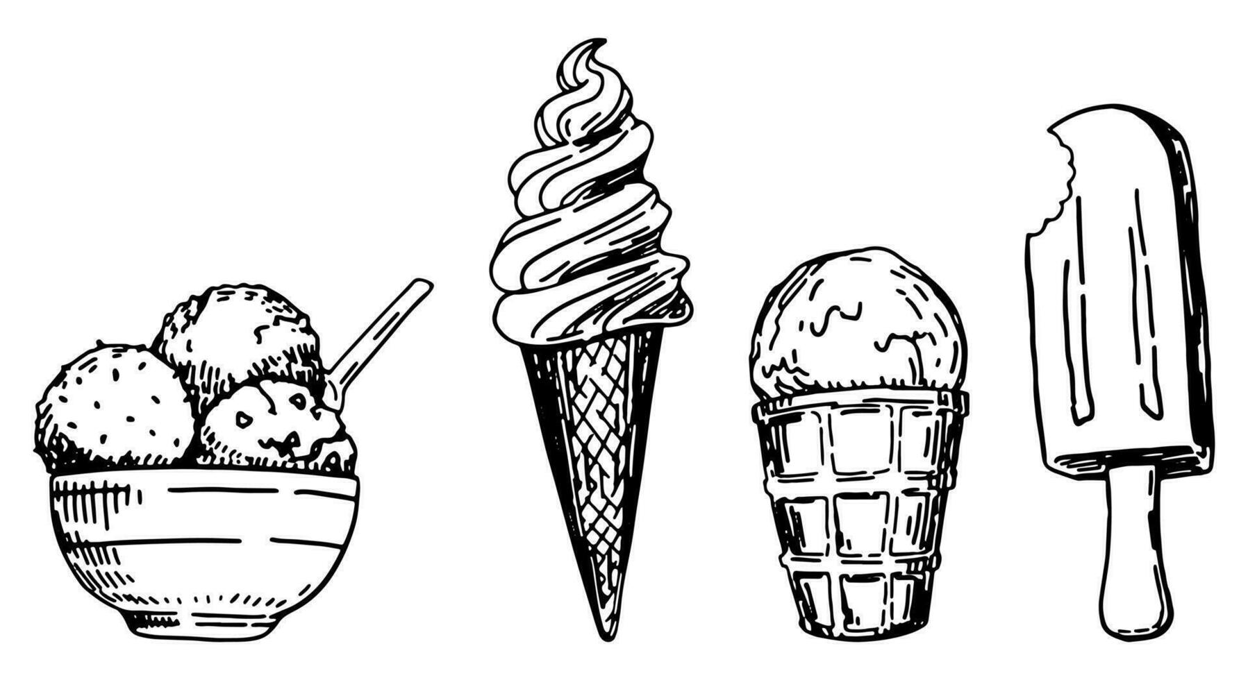 Ice cream sketches collection. Doodles of summer dessert. Hand drawn vector illustrations. Cliparts set isolated on white.