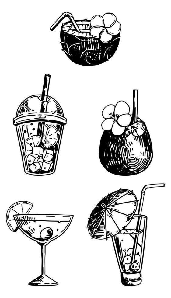 Cocktails sketches collection. Retro drawings of fresh summer beverages. Hand drawn vector illustrations. Cliparts set isolated on white.