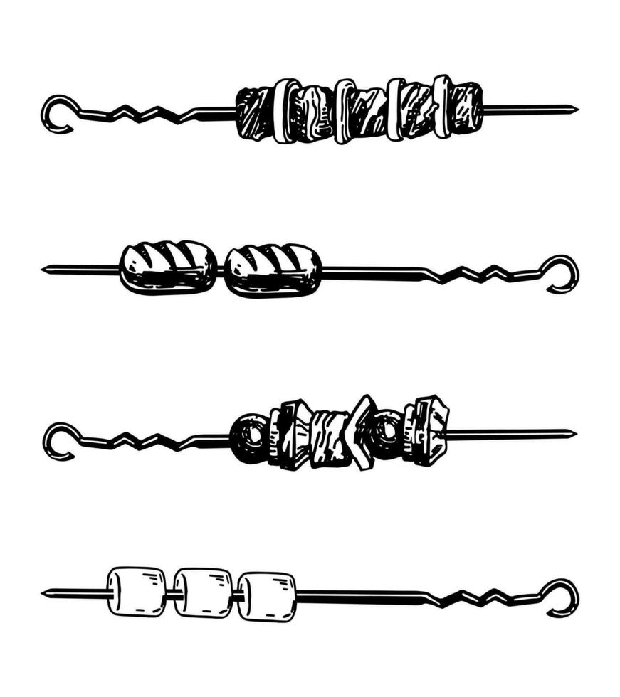 Skewers of meat and vegetables sketches collection. Drawings of grilled kebab. Hand drawn vector illustrations. Barbeque cliparts set isolated on white.