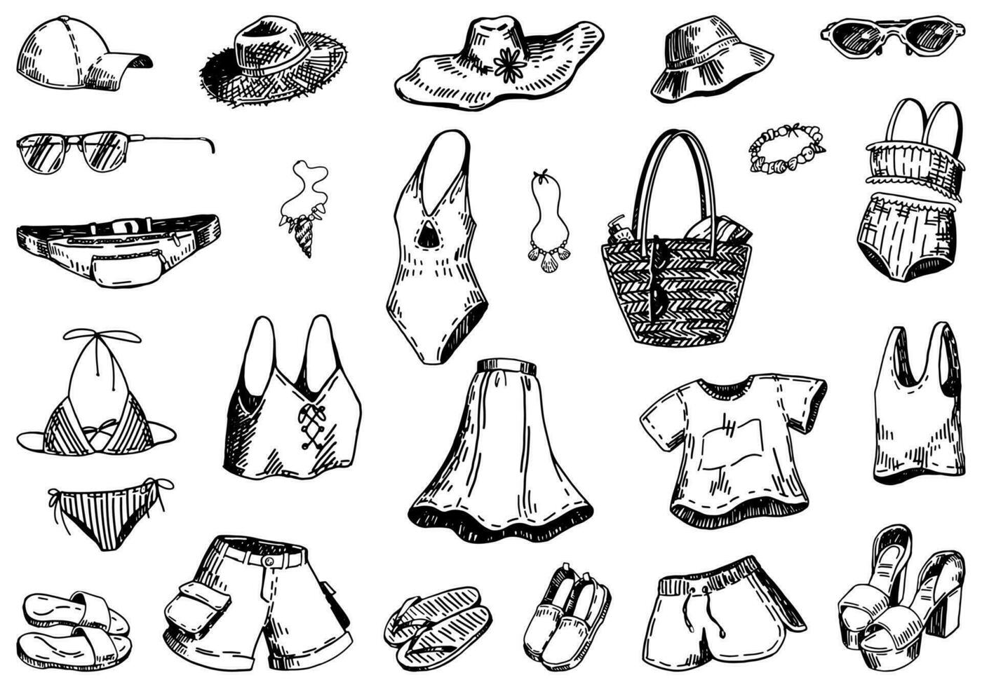 Summer time sketches collection. Drawings set of clothes, accesories, bags, hats, swimsuits. Hand drawn vector illustrations. Cliparts isolated on white.