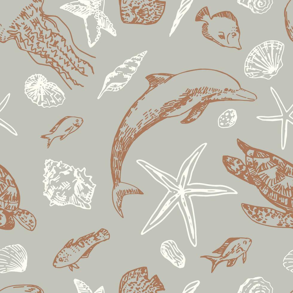 Underwater sea life vector seamless pattern. Exotic fish, dolphin, starfish, shells, turtle, jellyfish outline drawings. Abstract ornament of tropical ocean animals.