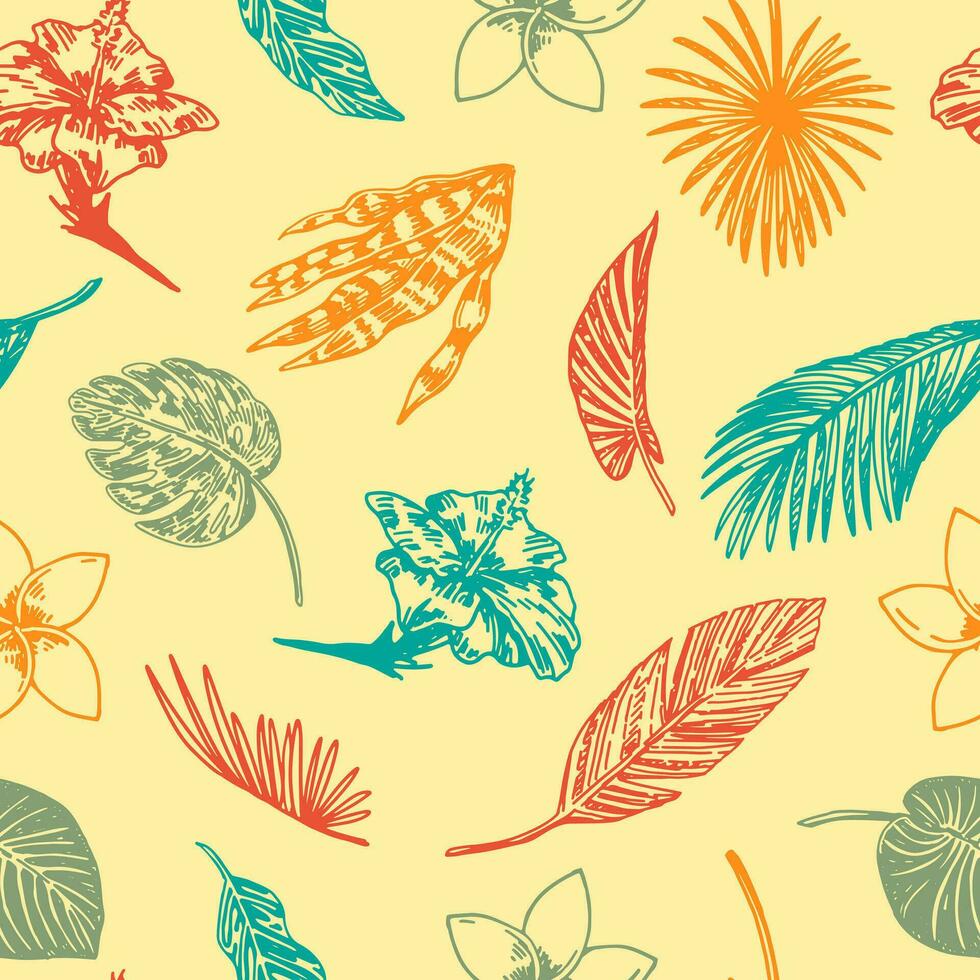 Tropical floral vector seamless pattern. Hand drawn plumeria, hibiscus, exotic flowers and leaves. Abstract outline ornament in retro style.