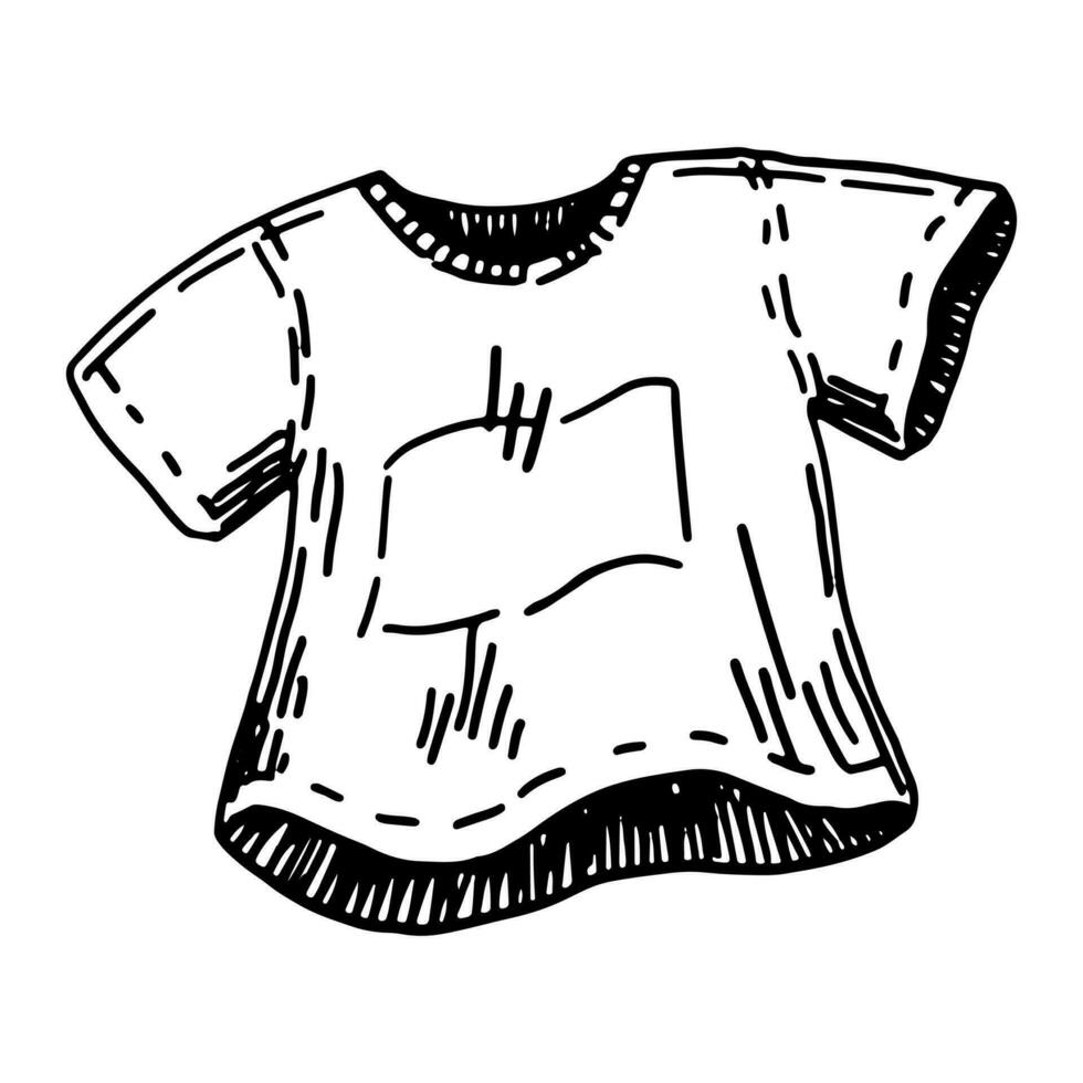 camiseta bosquejo clipart. verano ropa, accesorio garabatear aislado en blanco. mano dibujado vector ilustración en grabado estilo.