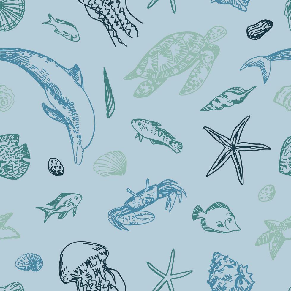 Underwater sea life vector seamless pattern. Exotic fish, dolphin, starfish, shells, crab, turtle, jellyfish outline drawings. Abstract ornament of tropical ocean animals.
