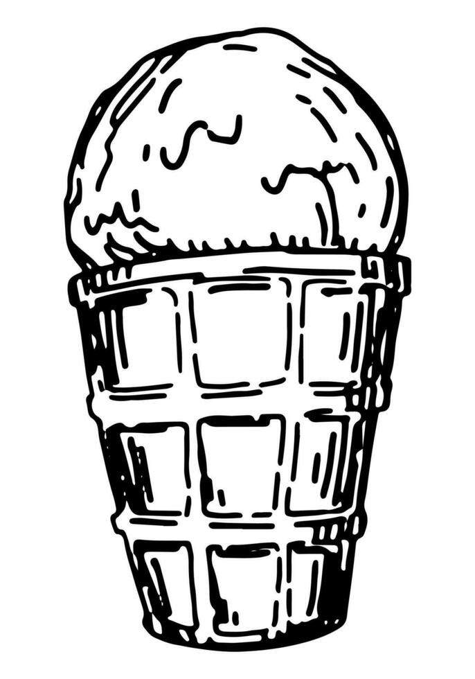 Ice cream in a waffle bowl clipart. Single doodle of summer sweet food isolated on white. Hand drawn vector illustration in engraving style.