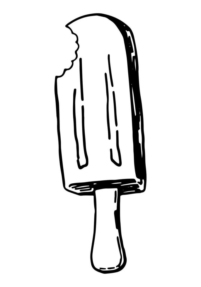 Ice cream, Ice lolly clipart. Single doodle of summer sweet food isolated on white. Hand drawn vector illustration in engraving style.