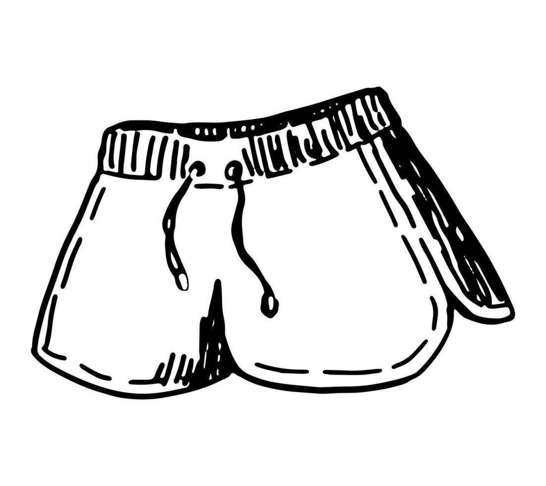 Short sports shorts sketch clipart. Summer clothes doodle isolated on white. Hand drawn vector illustration in engraving style.