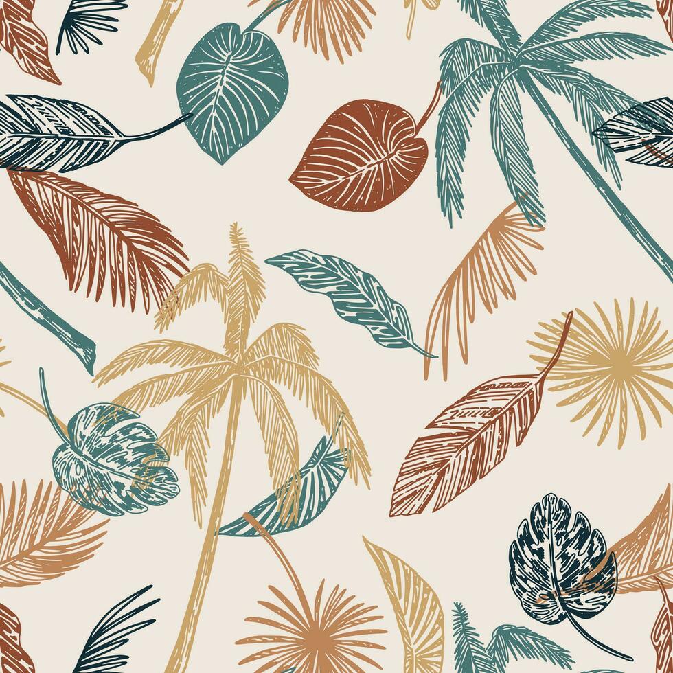 Tropical floral vector seamless pattern. Hand drawn exotic foliage, palm tree, banana leaves. Abstract outline ornament in retro style.