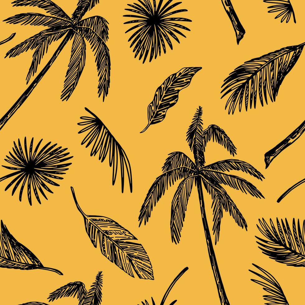 Tropical floral vector seamless pattern. Hand drawn exotic foliage, palm tree, banana leaves. Abstract outline ornament in retro style.