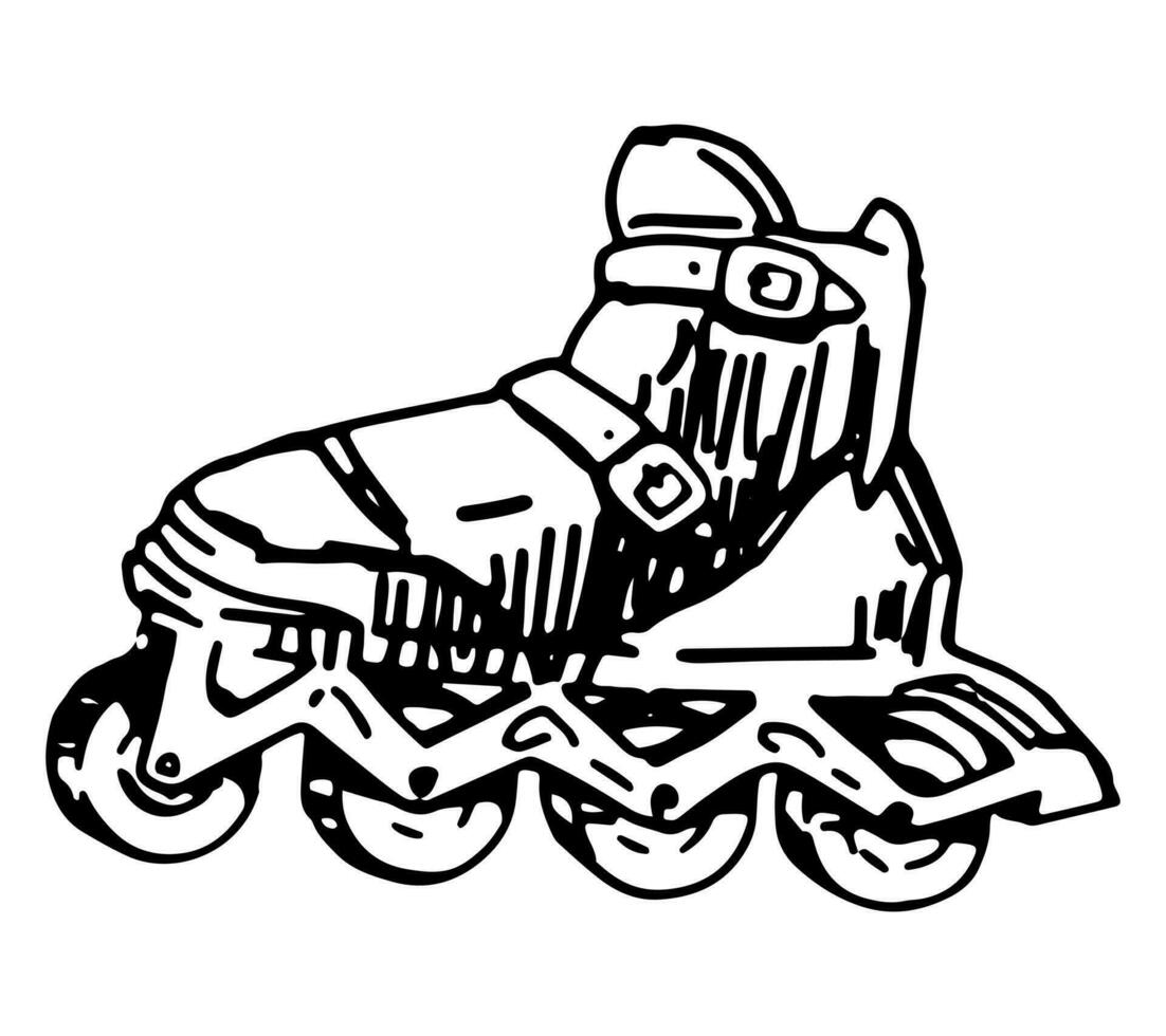 Roller skates sketch clipart. Summer leisure activities sport doodle isolated on white. Hand drawn vector illustration in engraving style.