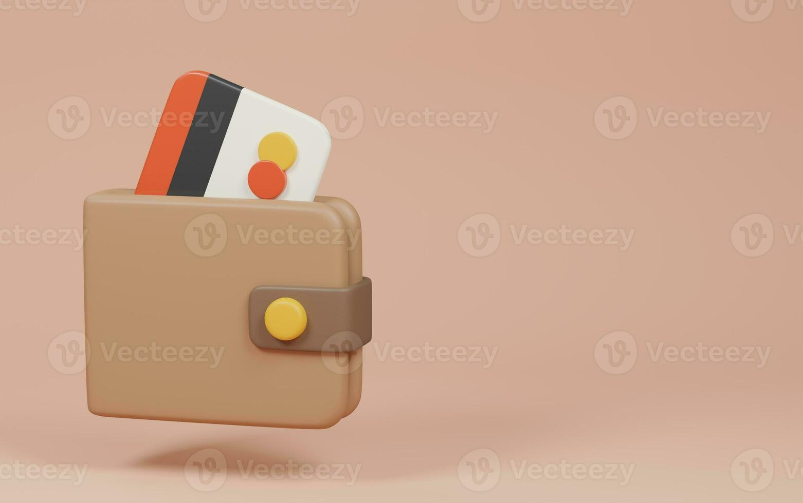 Wallet with credit card on brown background. Shopping online concept. 3d rendering illustration. photo