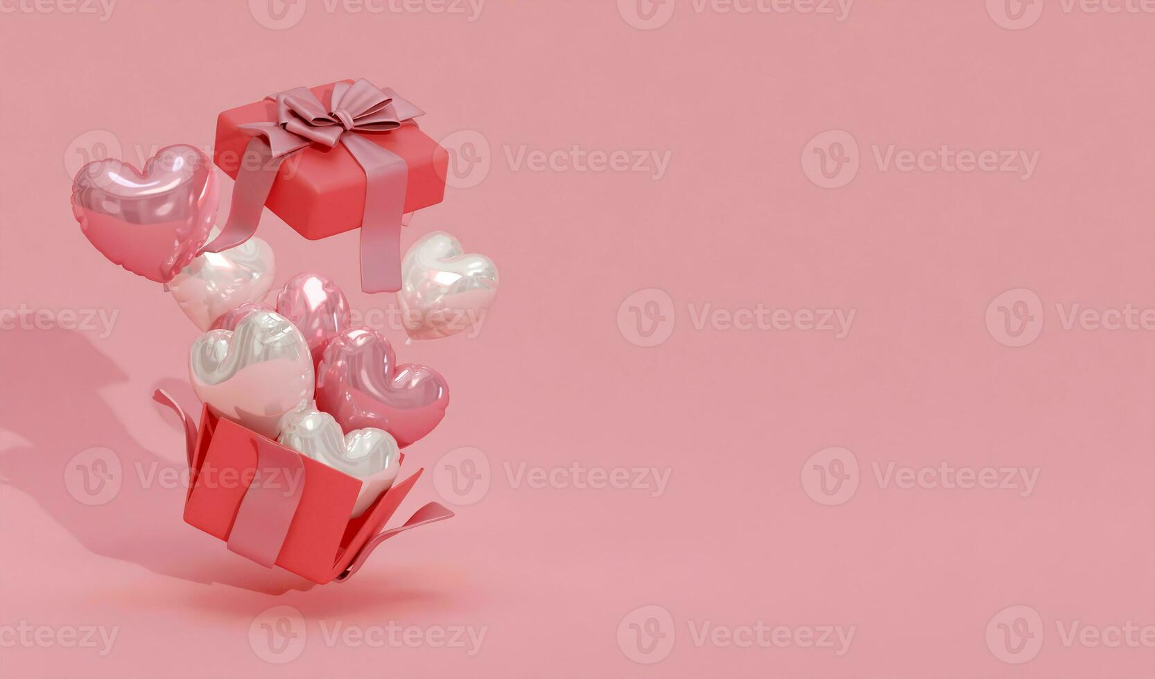 3D rendering pink background, open gift box and flying heart balloons, suitable for Valentine's Day, weddings, birthdays, etc. photo