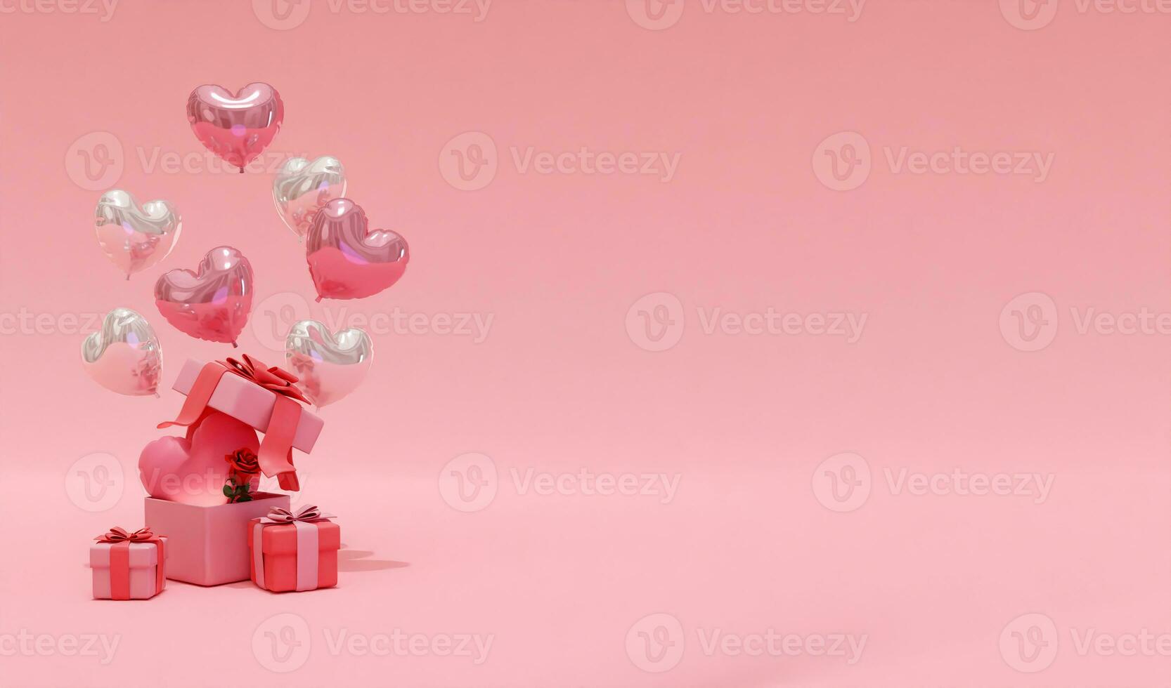 3D rendering background with heart-shaped balloons and gift boxes, suitable for Valentine's Day, weddings, birthdays, etc. photo