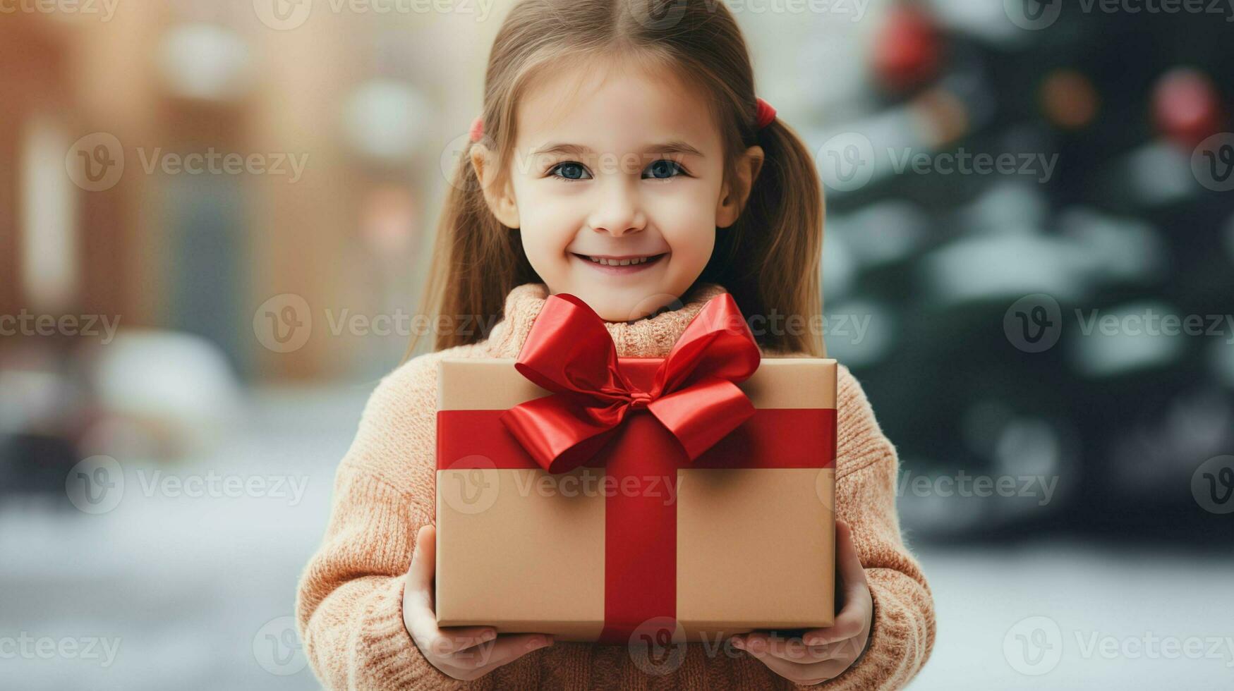 AI generated Cute girl with the gift.  AI Generative. photo