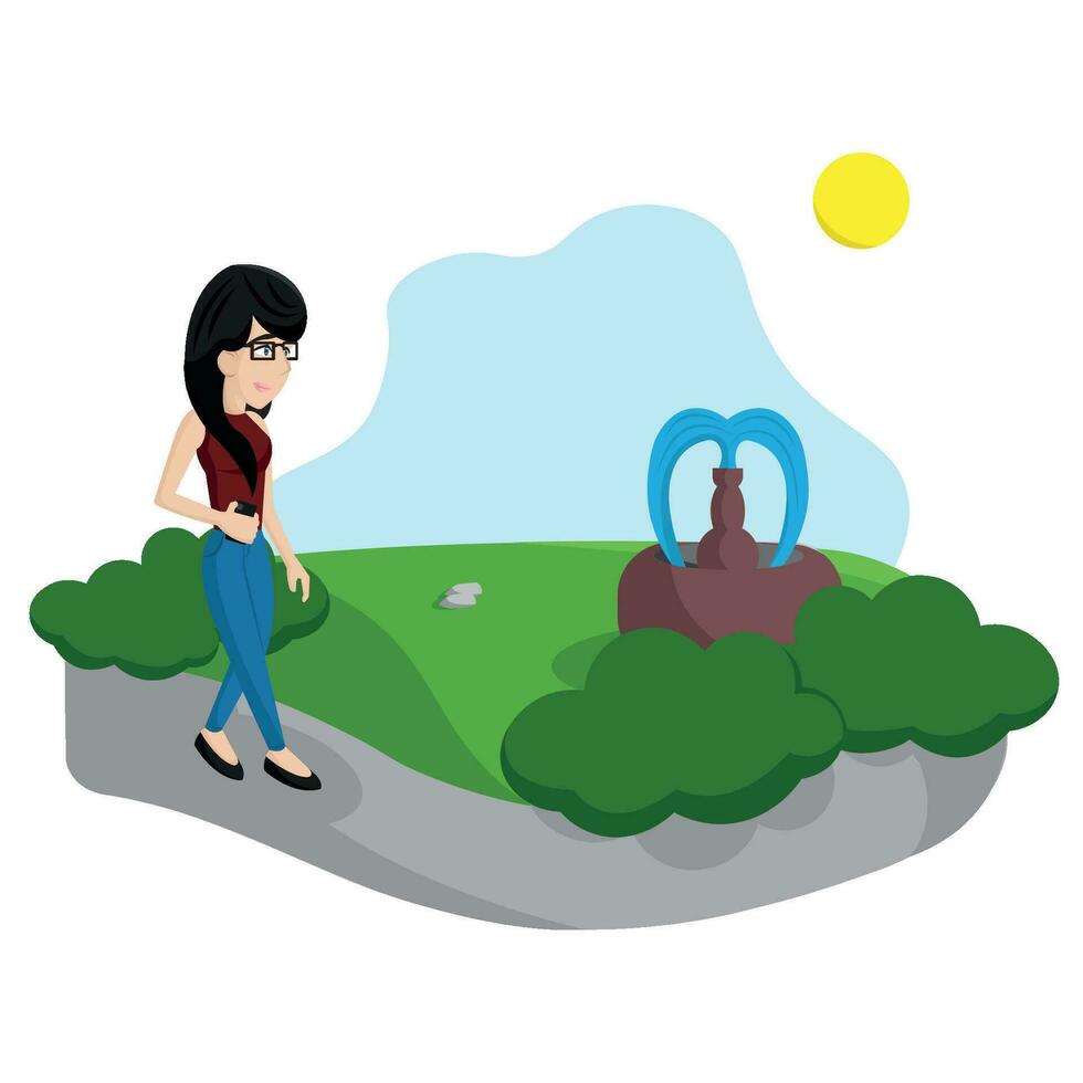 aislado contento hipster niña dibujos animados caminando en un parque vector ilustración