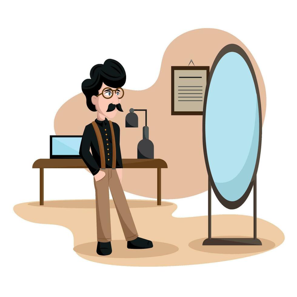 Happy hipster cartoon character looking at a mirror Vector illustration