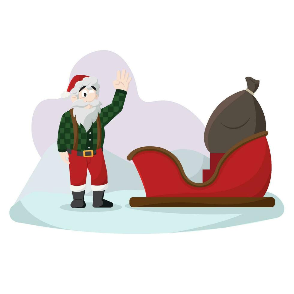 linda Navidad Papa Noel claus personaje siguiente a un trineo vector ilustración