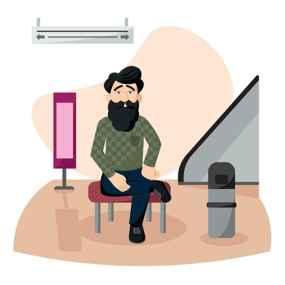 Happy hipster cartoon character with beard on a bench Vector illustration