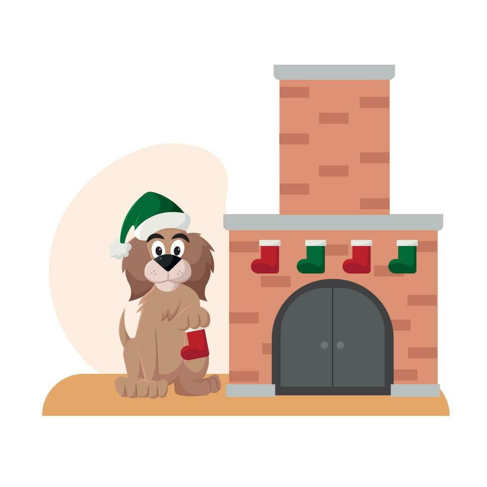 linda perro personaje con un Navidad sombrero siguiente a un Chimenea vector ilustración