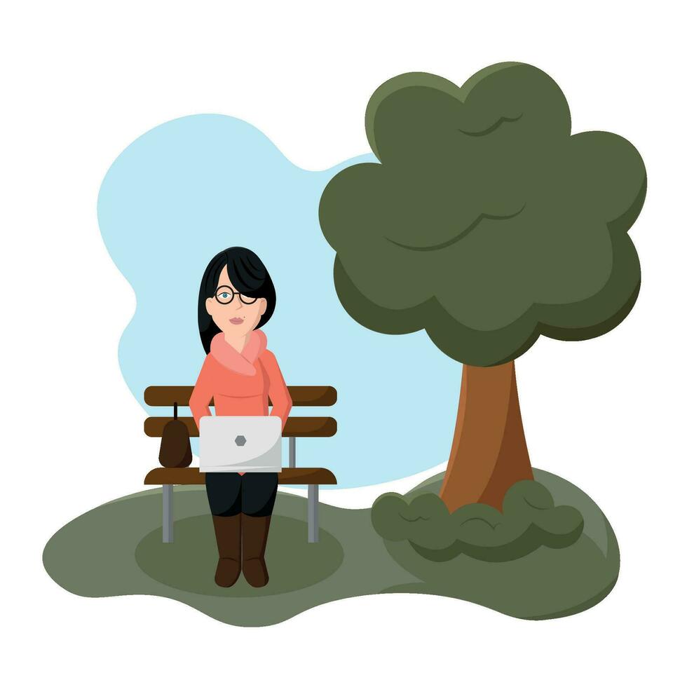 Happy girl hipster cartoon with a laptop on a park bench Vector illustration