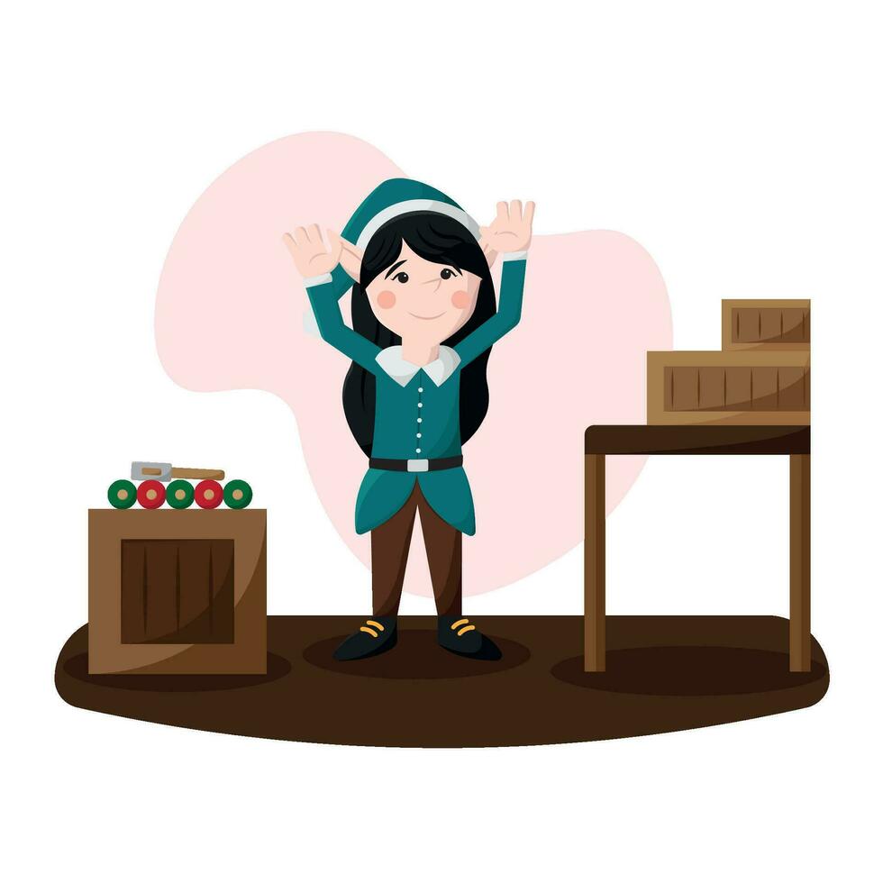 Cute christmas female elf character on a factory Vector illustration