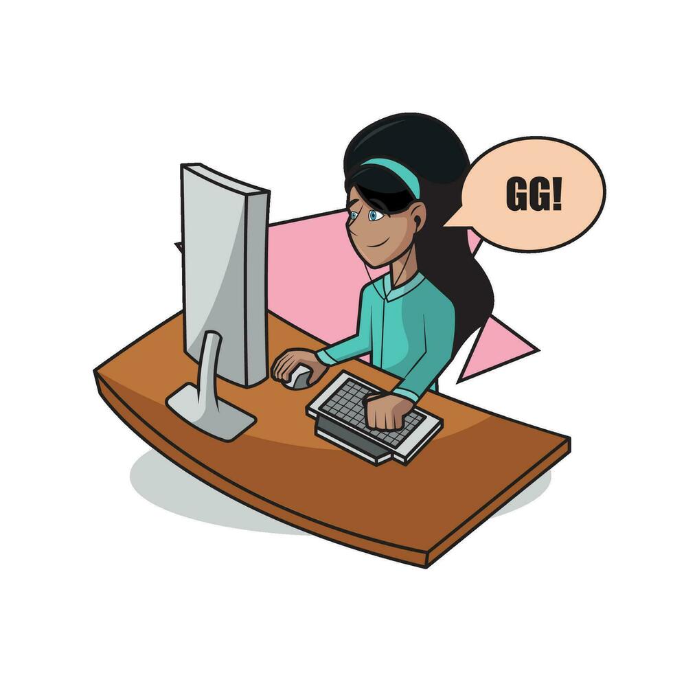 Isolated girl gamer character playing on a computer Vector illustration