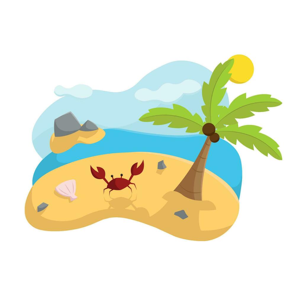 Isolated summer sea landscape with a crab and palm tree Vector illustration