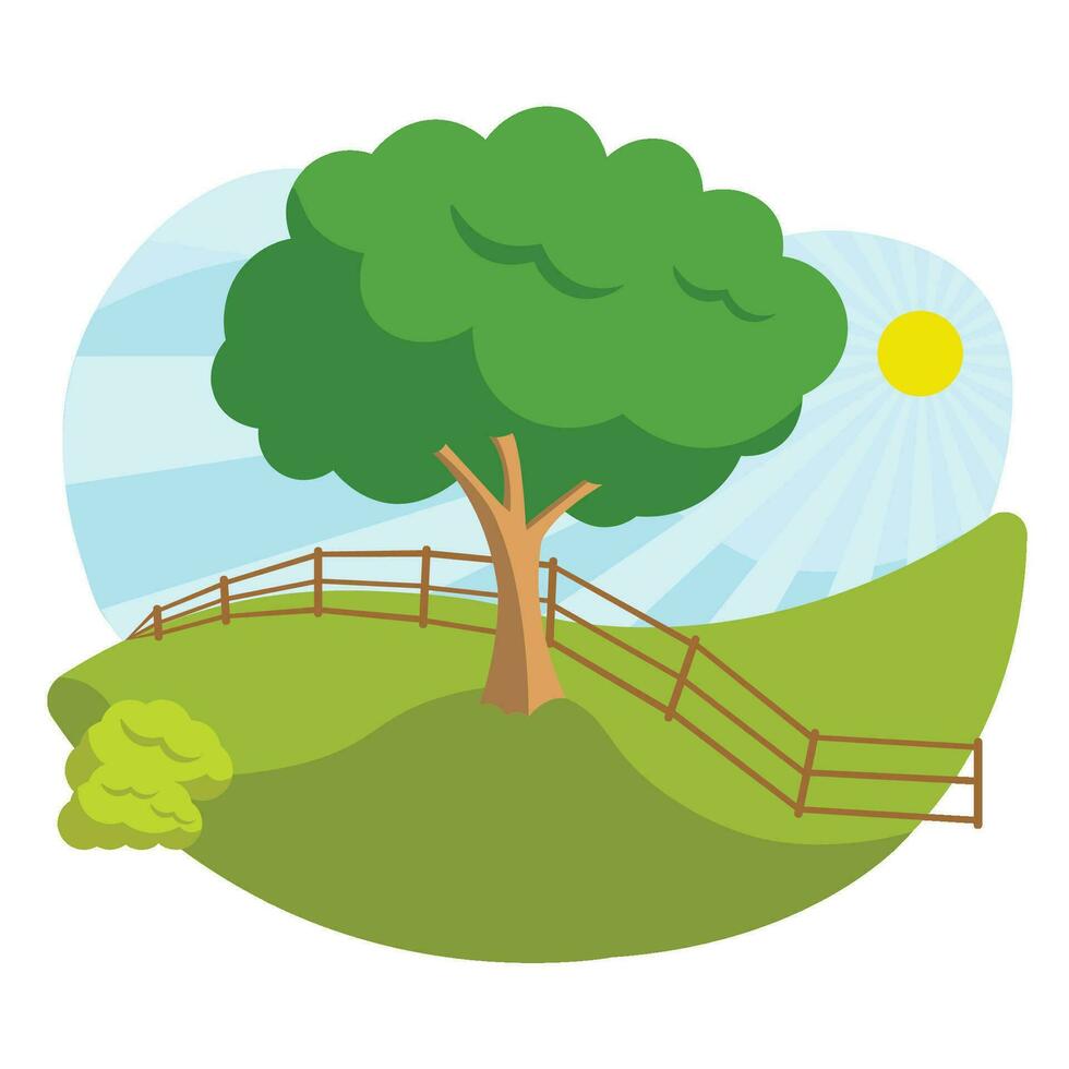 Isolated summer landscape with hills and a tree Vector illustration