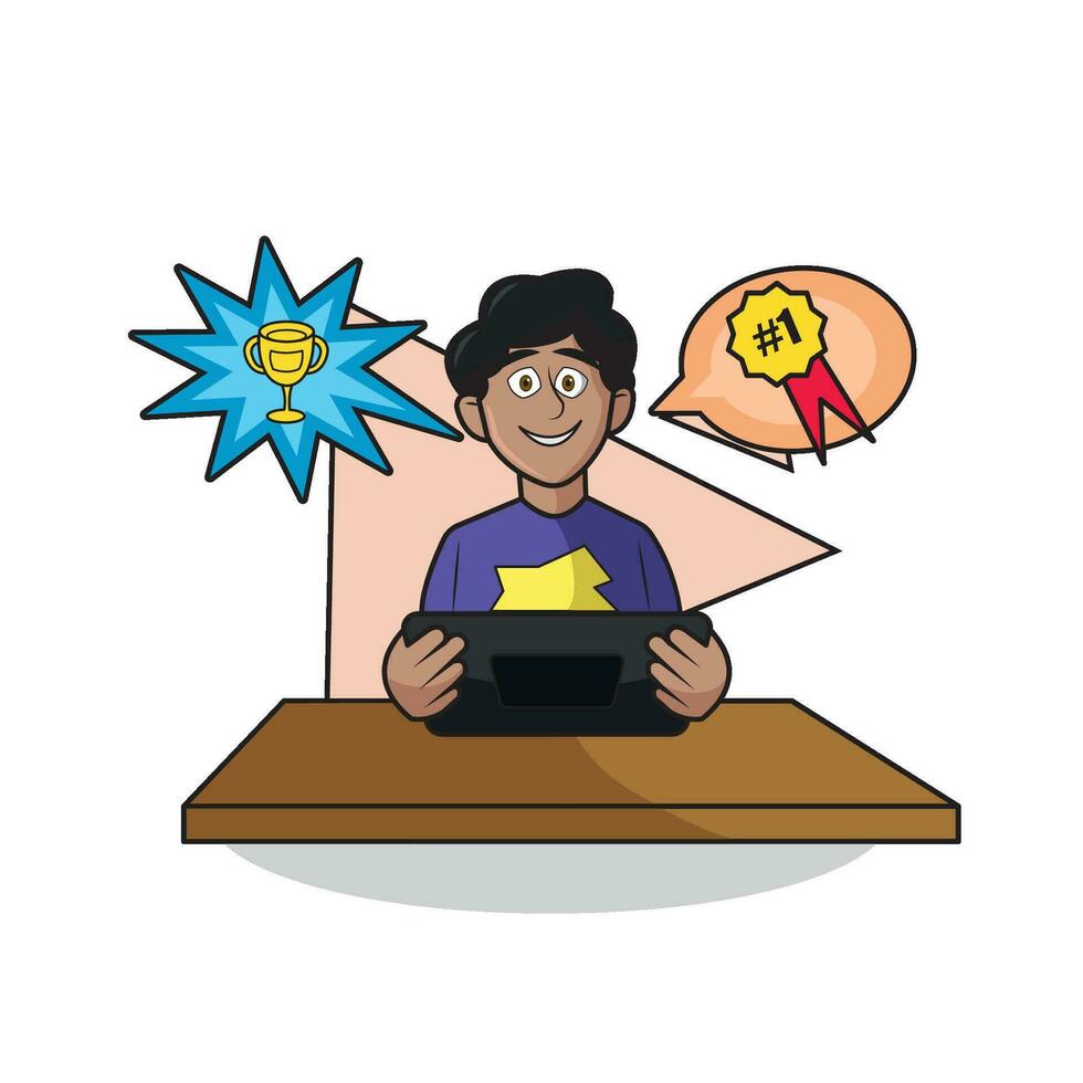 Isolated happy boy character playing on a laptop Vector illustration