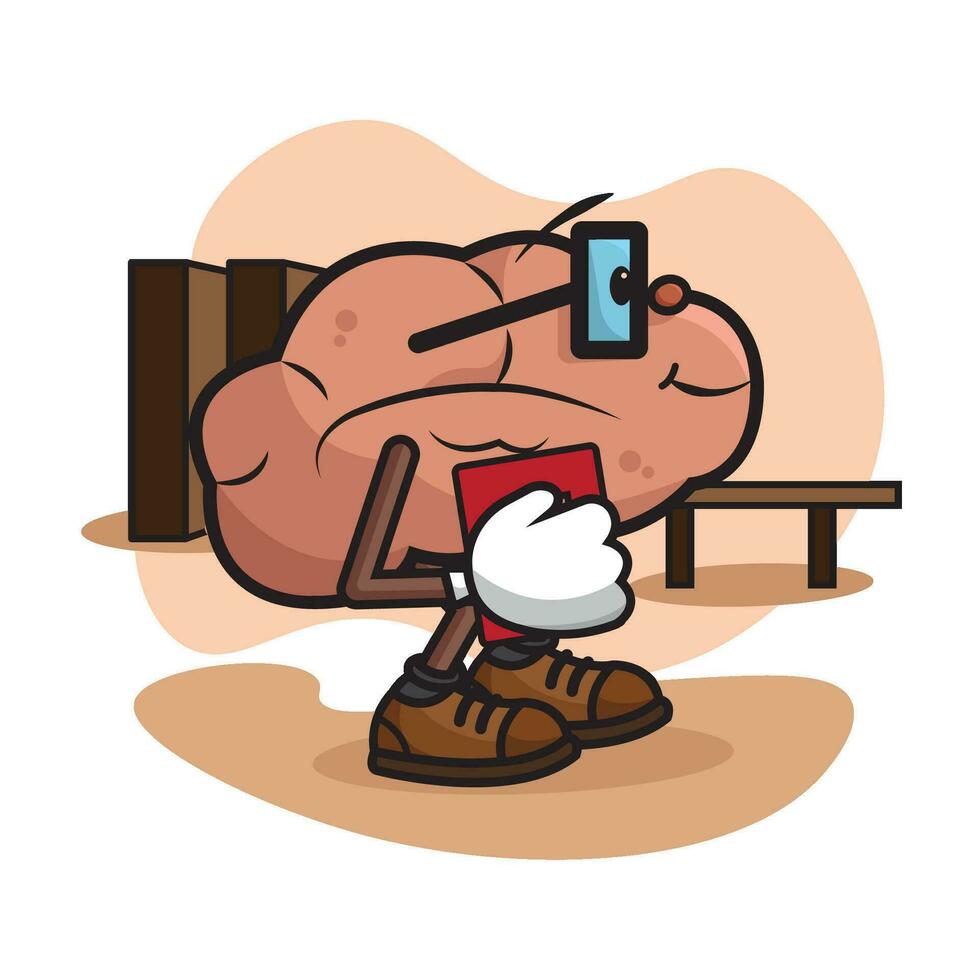 Isolated happy brain cartoon character with book and glasses Vector illustration
