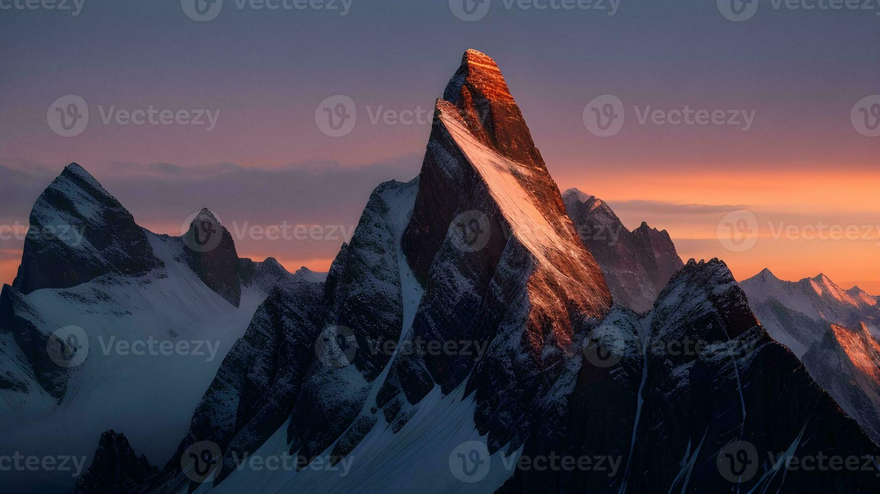 AI generated Enchanting Serenity,  Majestic Mountain Peak Bathed in the First Light of Dawn, Awe-Inspiring .Ai Generated photo