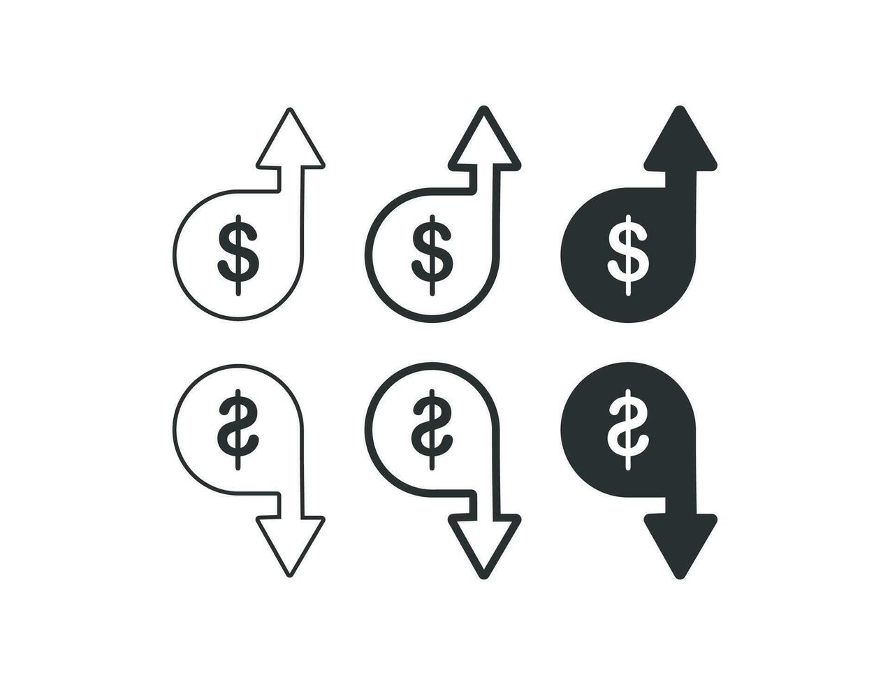 Decrease and increase of the dollar icon set. Investor illustration symbol. Sign rate up and down vector