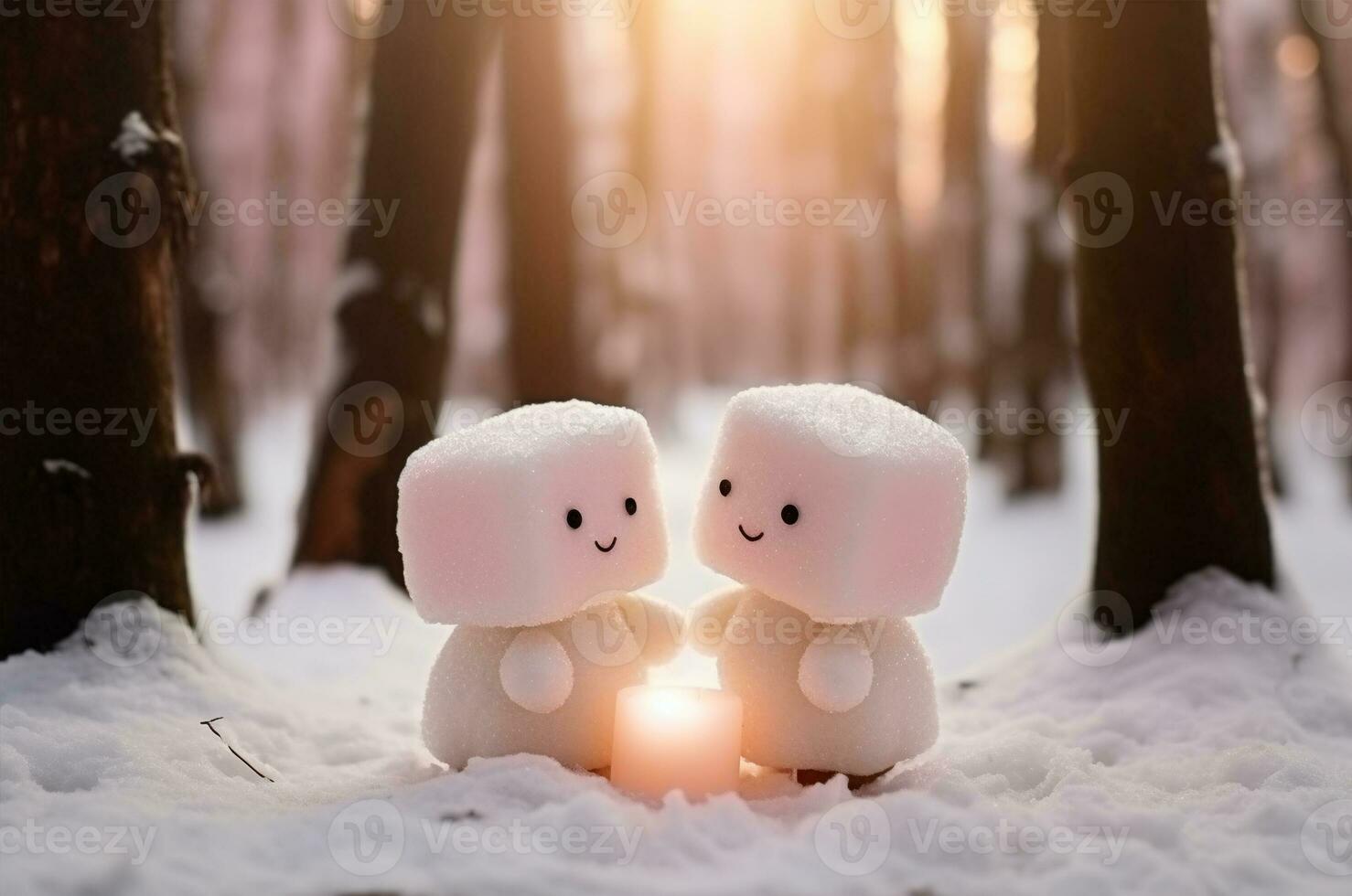 AI generated Two marshmallow lovers walking in the snow in winter photo