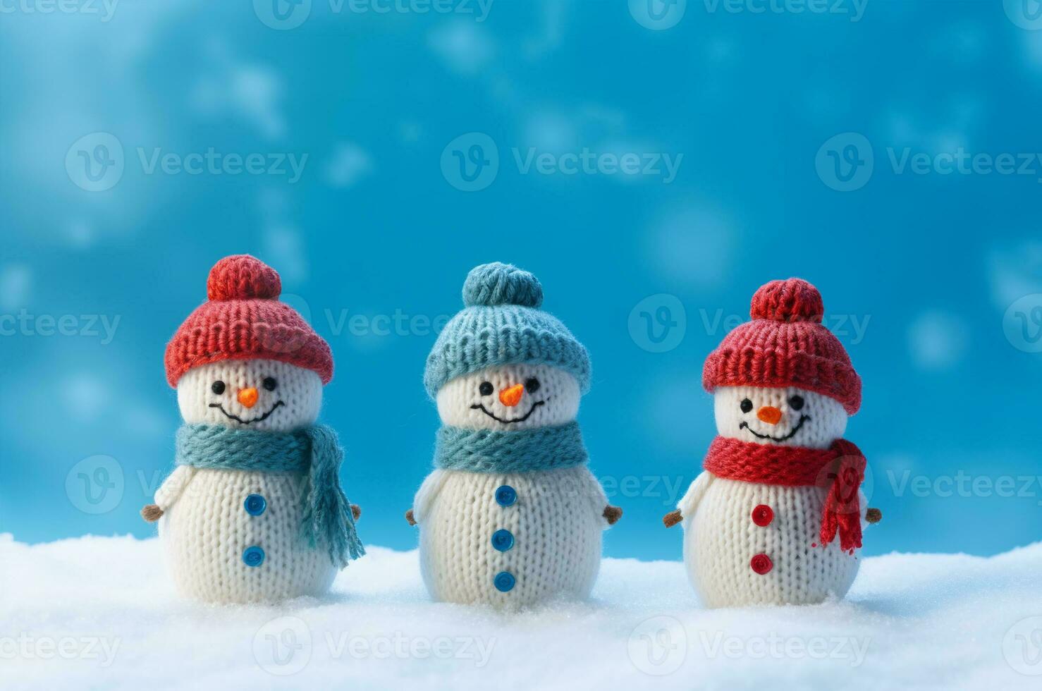 AI generated Knitted snowmen stand in the snow photo