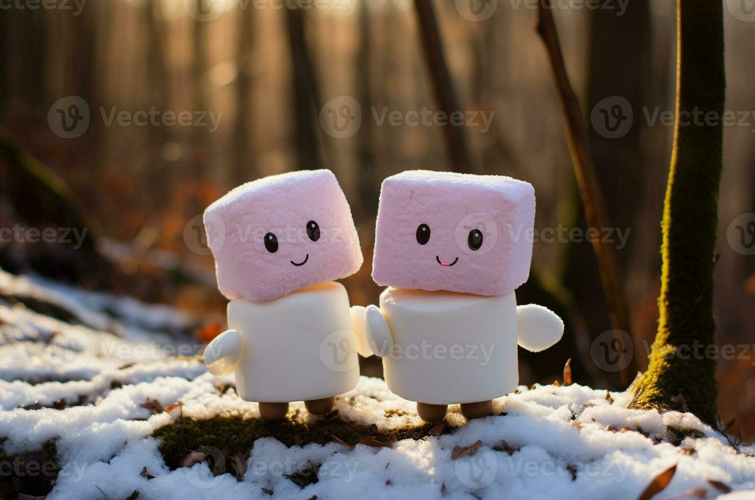 AI generated Two marshmallow lovers walking in the snow in winter photo