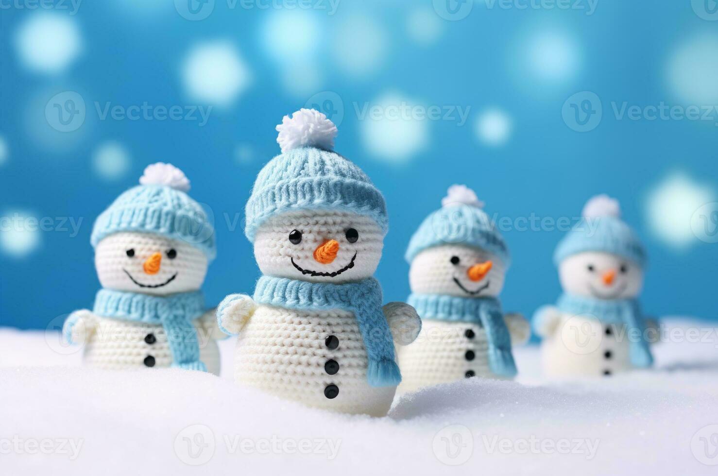 AI generated Knitted snowmen stand in the snow photo