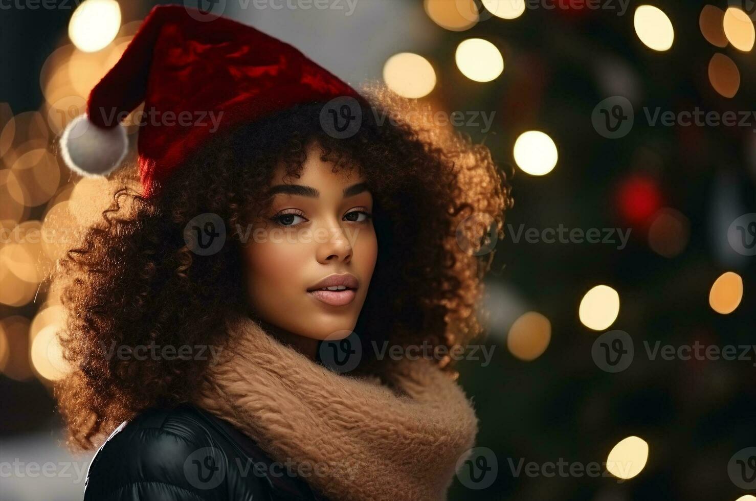 AI generated Beautiful black curly woman in santa hat against background of christmas tree photo