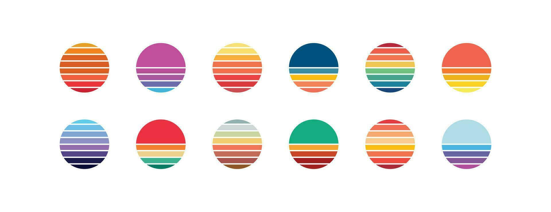 Sun retro badge icon set. Abstract ocean view background inside circles shapes illustrations symbol. Sign summer vector
