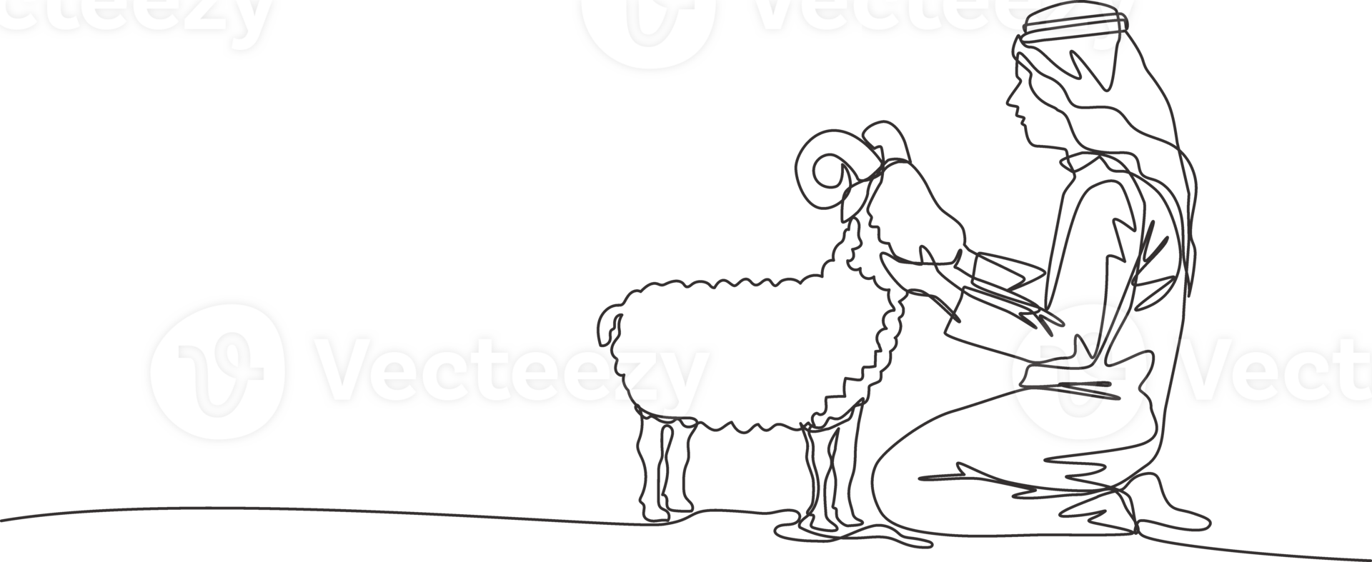 One single line drawing of young muslim holding a sheep. Islamic holiday the sacrifice a goat or sheep, Eid al Adha greeting card concept continuous line draw design illustration png
