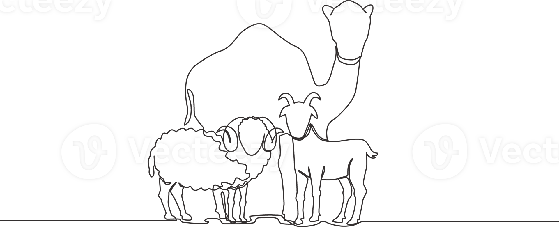 einer kontinuierlich Linie Zeichnung von Schaf, Kamel und Ziege. Muslim Urlaub das Opfern ein Tier zu Gott, eid al adha Gruß Karte Konzept Single Linie zeichnen Design Illustration png