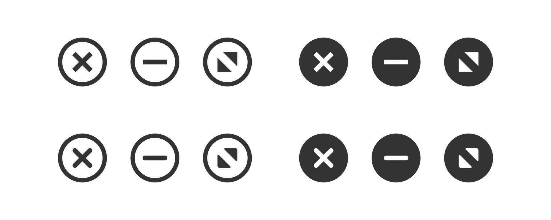 Maximize and minimize round buttons icon set. Window browser button illustration symbol. Sign web page button vector