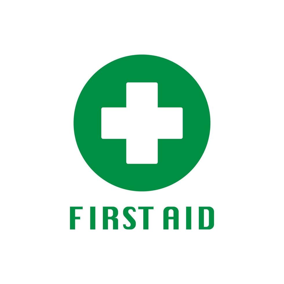 First aid icon. Green circle and white cross illustration symbol. Sign emergency vector