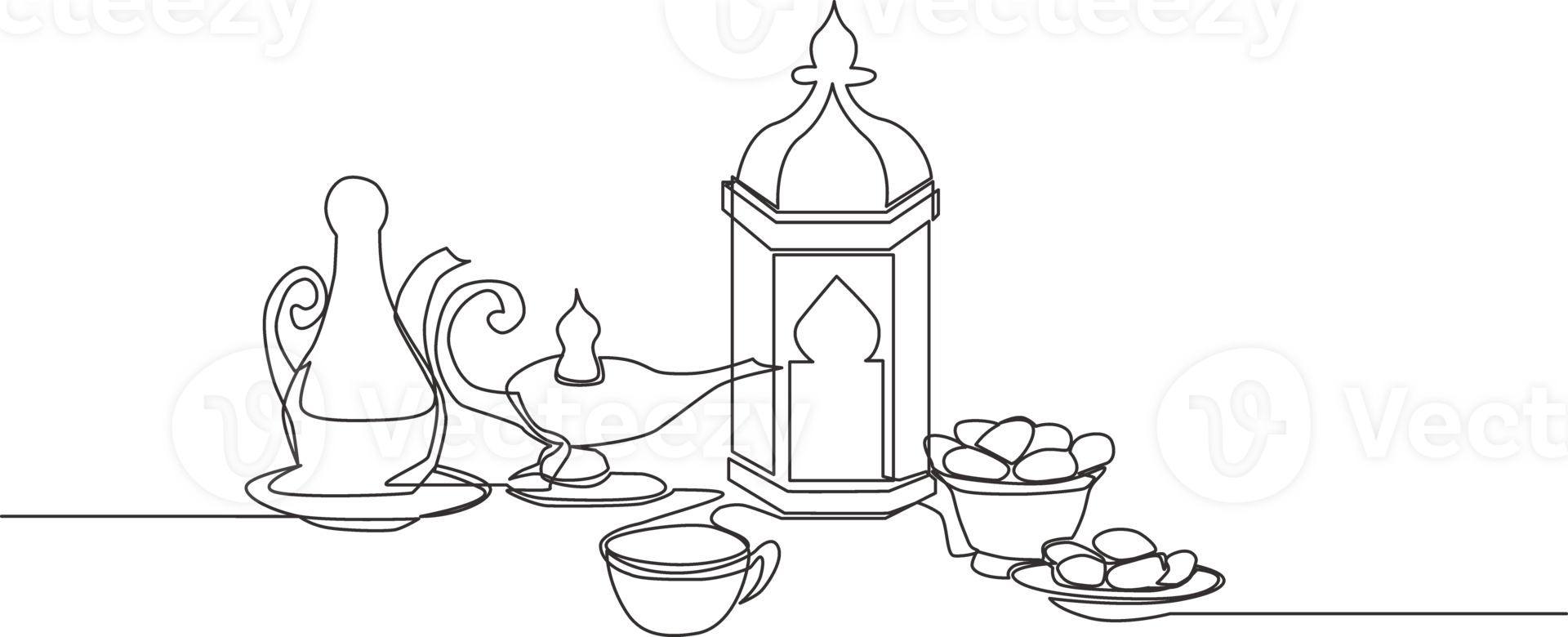 Ramadan Kareem greeting card, poster and banner design. One single line drawing of Islamic ornament lantern, glass, dates fruit, food, drink and teapot. Continuous line draw illustration png